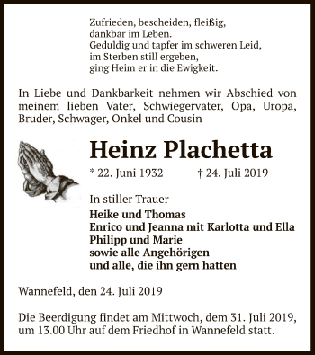 Todesanzeige von Heinz Plachetta von Uelzen