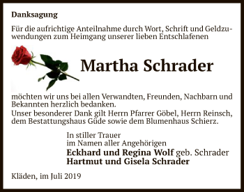 Todesanzeige von Martha Schrader von Uelzen