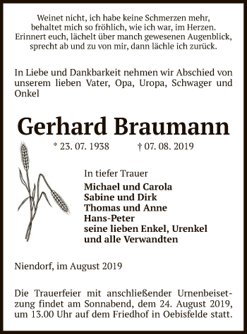 Todesanzeige von Gerhard Braumann von Uelzen