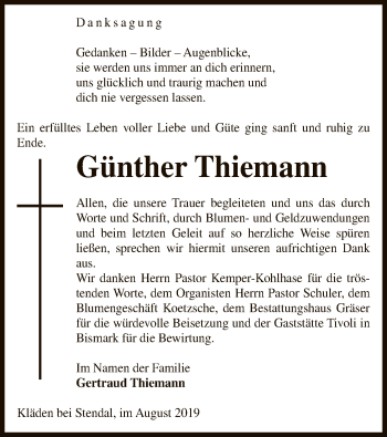 Todesanzeige von Günther Thiemann von Uelzen