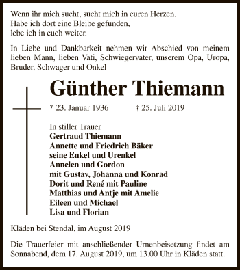 Todesanzeige von Günther Thiemann von Uelzen