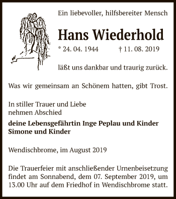 Todesanzeige von Hans Wiederhold von Uelzen