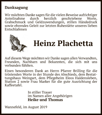 Todesanzeige von Heinz Plachetta von Uelzen