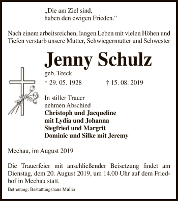 Todesanzeige von Jenny Schulz von Uelzen