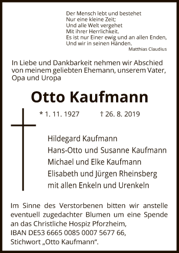 Todesanzeige von Otto Kaufmann von Uelzen