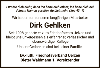 Todesanzeige von Dirk Gehlken von Uelzen