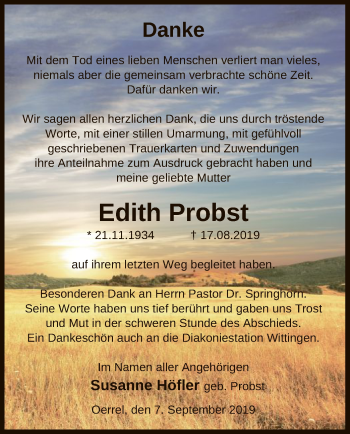 Todesanzeige von Edith Probst von Uelzen