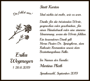Todesanzeige von Erika Wegmeyer von Uelzen