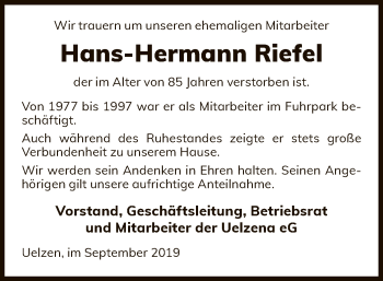 Todesanzeige von Hans-Hermann Riefel von Uelzen