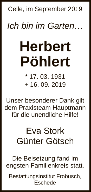 Todesanzeige von Herbert Pöhlert von Uelzen