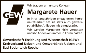 Todesanzeige von Margarete Hauer von Uelzen