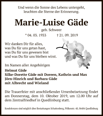 Todesanzeige von Marie-Luise Gäde von Uelzen