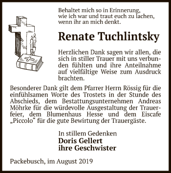 Todesanzeige von Renate Tuchlintsky von Uelzen