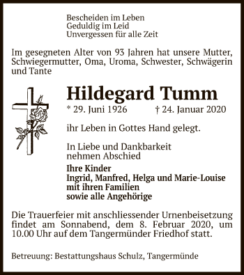 Todesanzeige von Hildegard Tumm von Uelzen