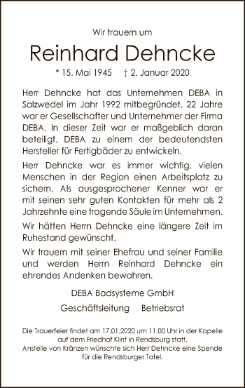 Todesanzeige von Reinhard Dehncke von Uelzen