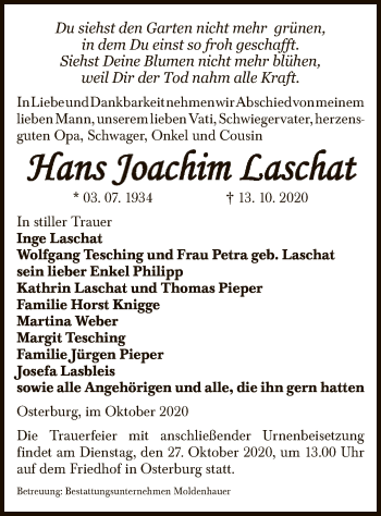Todesanzeige von Hans-Joachim Laschat von UEL