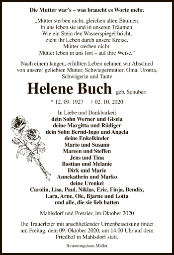 Todesanzeige von Helene Buch von UEL