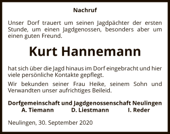 Todesanzeige von Kurt Hannemann von UEL