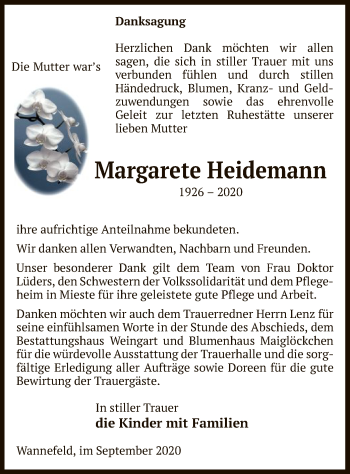 Todesanzeige von Margarete Heidemann von UEL