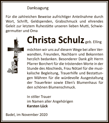 Todesanzeige von Christa Schulz von UEL