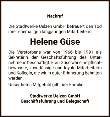 Todesanzeige von Helene Güse von UEL