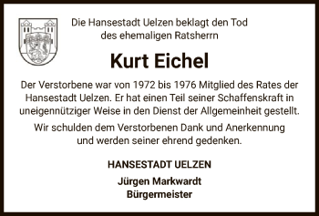 Todesanzeige von Kurt Eichel von UEL