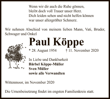 Todesanzeige von Paul Köppe von UEL