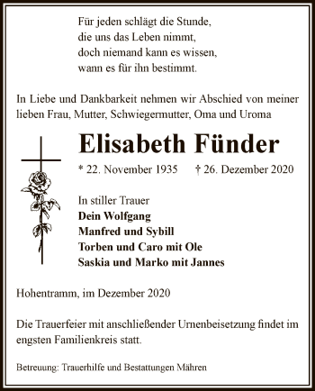 Todesanzeige von Elisabeth Fünder von UEL