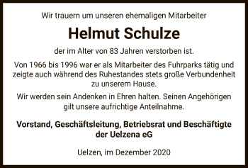 Todesanzeige von Helmut Schulze von UEL