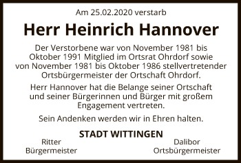 Todesanzeige von Heinrich Hannover von Uelzen