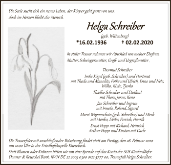 Todesanzeige von Helga Schreiber von Uelzen