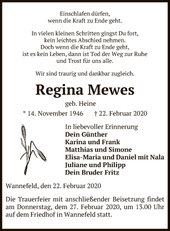 Todesanzeige von Regina Mewes von Uelzen