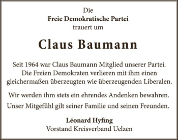 Todesanzeige von Claus Baumann von Uelzen