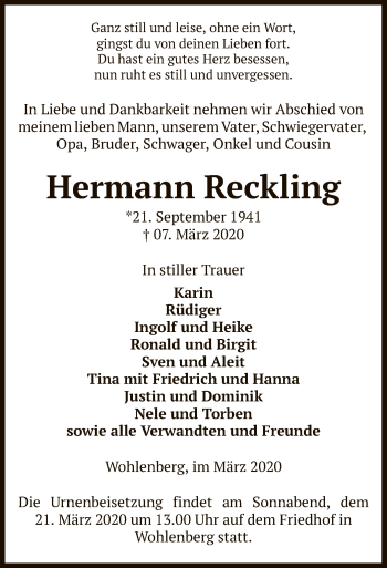 Todesanzeige von Hermann Reckling von Uelzen