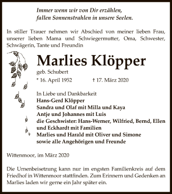 Todesanzeige von Marlies Klöpper von Uelzen