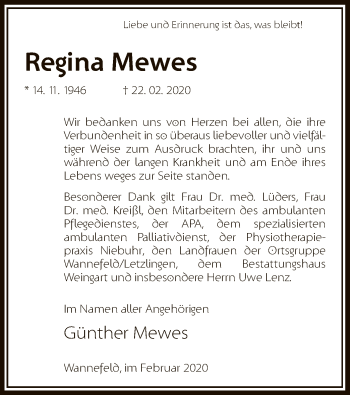 Todesanzeige von Regina Mewes von Uelzen