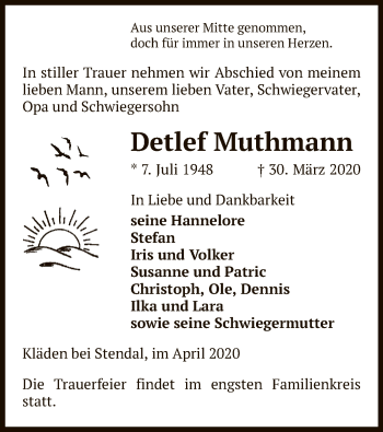 Todesanzeige von Detlef Muthmann von Uelzen