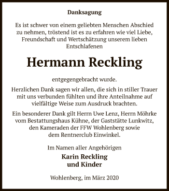 Todesanzeige von Hermann Reckling von Uelzen