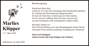 Todesanzeige von Marlies Klöpper von UEL