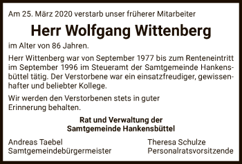 Todesanzeige von Wolfgang Wittenberg von Uelzen