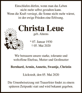 Todesanzeige von Christa Leue von UEL