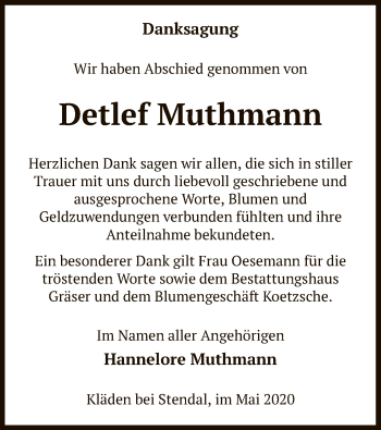 Todesanzeige von Detlef Muthmann von UEL