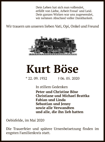 Todesanzeige von Kurt Böse von UEL
