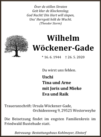 Todesanzeige von Wilhelm Wöckener-Gade von UEL