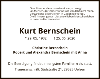 Todesanzeige von Kurt Bernschein von UEL