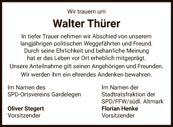 Todesanzeige von Walter Thürer von UEL