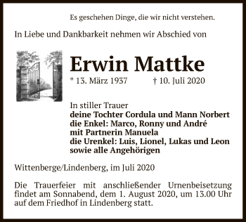 Todesanzeige von Erwin Mattke von UEL