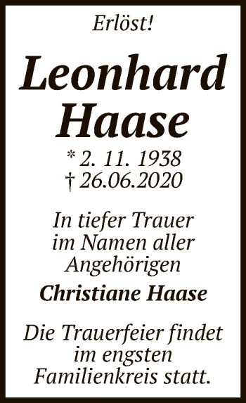 Todesanzeige von Leonhard Haase von UEL