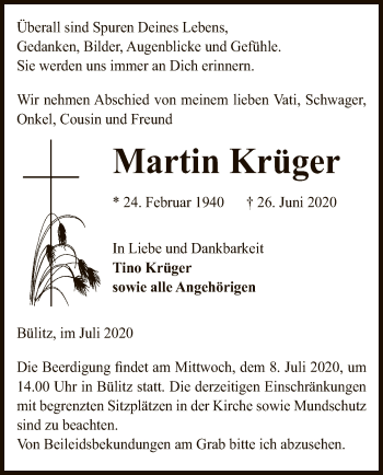 Todesanzeige von Martin Krüger von UEL