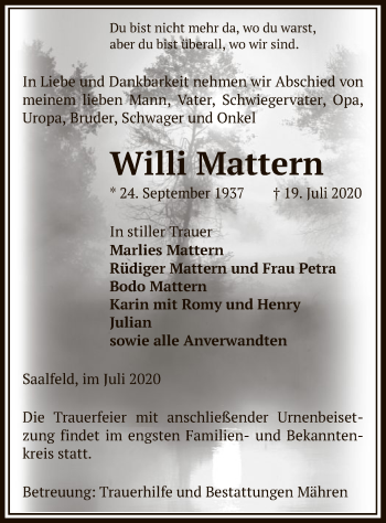 Todesanzeige von Willi Mattern von UEL